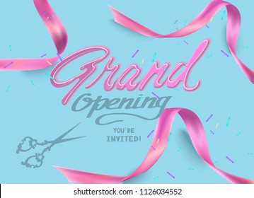 Beautiful party background with confetti and pink ribbons. Vector illustration