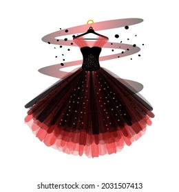 Beautiful party dress. Black dress. Fashion illustration. Black dress for special event.