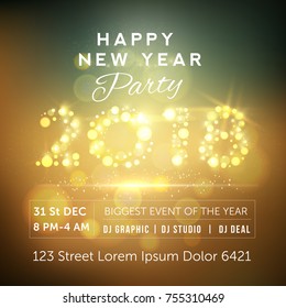 Beautiful party flyer with  golden text 2018 NYE (New Year Eve). Creative template, banner, flyer or invitation design. Vector illustaration.