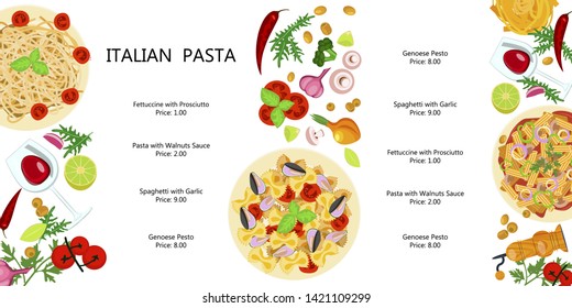 Beautiful pasta set. Cute menu with different macaroni, mushrooms seafood, cheese, herbs and wine. Flat Art Vector illustration