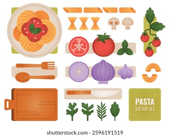 Beautiful pasta theme illustration set: spaghetti, farfalle, macaroni, and penne; a wooden board; cutlery; herbs like cilantro, rosemary, and basil; onion, tomato, champignon, and garlic.