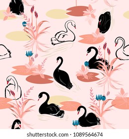 Beautiful pastel color Seamless pattern of swans in the lake. Vector illustration.For fashion fabric and all prints on pink background.