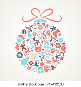 Beautiful pastel colored Christmas ball made of cute icons. Vector.