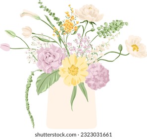 Beautiful Pastel Green, Pink and Yellow Flower Bouquet in Vase Vector Illustration