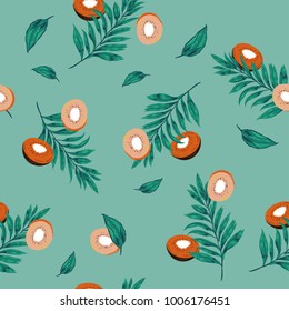 Beautiful pastel l  seamless pattern kiwi fruit slices with palm leaves on sweet green mint  color background  in hand drawing style for summer .