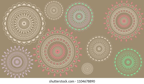 Beautiful pastel madalas in soft colours on beige background