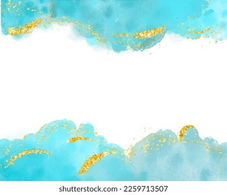 Beautiful Pastel mint liquid marble watercolor background with gold lines and brush stains. Teal turquoise marbled alcohol ink drawing effect. Vector illustration backdrop, watercolor