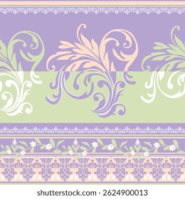 Beautiful pastel ornamental pattern featuring elegant Thai-inspired floral scrolls and detailed borders in purple, green, and soft tones. Ideal for background use or fabric design.