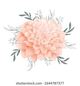 Beautiful pastel peach flower bouquet with leafy greenery. Artistic illustration of a delicate blooming flower, perfect for spring, summer, or wedding themes. Suitable for cards, prints, fabrics.