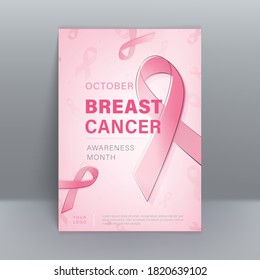 Beautiful pastel pink breast cancer awareness support month background with ribbon symbol and outline in A4 brochure proportion