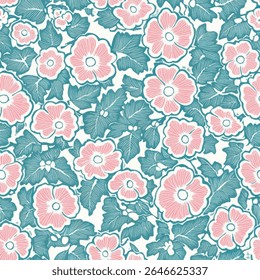 Mooie pastel roze en teal bloemen, bloem naadloos patroon, naadloos herhalende vector patroon, ontwerp en patroon voor textiel print. Vectorillustratie.