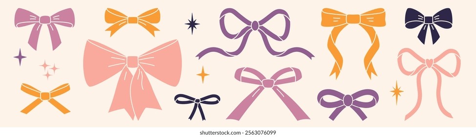 Beautiful pastel ribbon bow set, decorative bowknot for gift packaging. Coquette and balletcore aesthetic, girly accessory. Trendy modern vector illustration, flat design