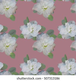 Beautiful pastel seamless pattern with azaleas with leaves on pink background. Vector illustration.