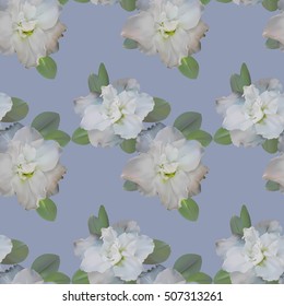 Beautiful pastel seamless pattern with azaleas with leaves on bluish background. Vector illustration.
