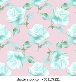 Beautiful pastel seamless pattern with roses on pink background. Vector illustration.