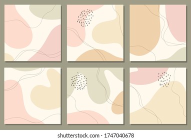 Beautiful pastel set of social media quote post templates with minimal abstract organic shapes composition in trendy contemporary collage style, can be used also as flyer, card, cover etc