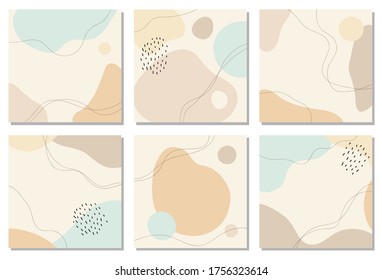 Beautiful pastel set of social media quote post templates with minimal abstract organic shapes composition in trendy contemporary collage style, can be used also as flyer, card, cover etc