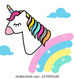 Beautiful pastel unicorn on the background rainbow and clouds.