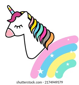 Beautiful pastel unicorn on the background rainbow and clouds