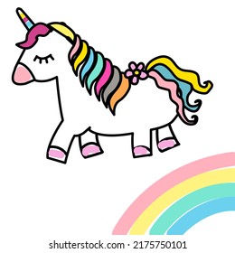 Beautiful pastel unicorn on the background rainbow and clouds