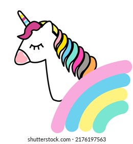 Beautiful pastel unicorn on the background rainbow and clouds.