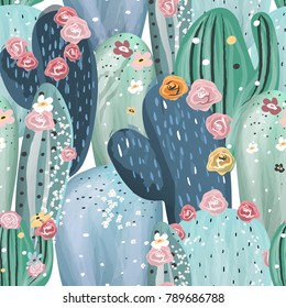 Beautiful pastel vintage cactuses, succulents, cacti with pink, white and yellow flowers seamless pattern