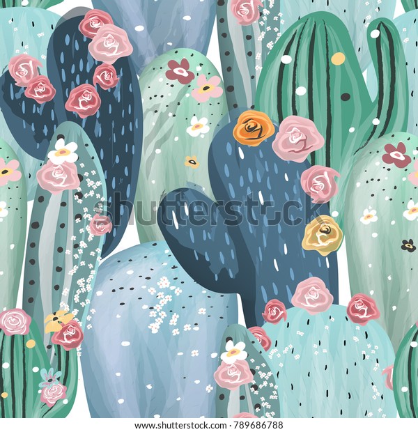 Beautiful pastel vintage cactuses, succulents, cacti with pink, white and yellow flowers seamless pattern