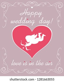 Beautiful pastel vintage wedding card with pink heart and cupid