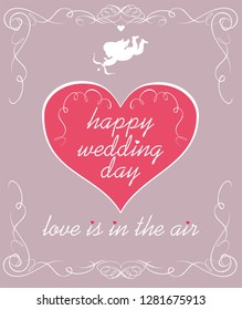Beautiful pastel vintage wedding card with pink heart, cupid and vintage vignette