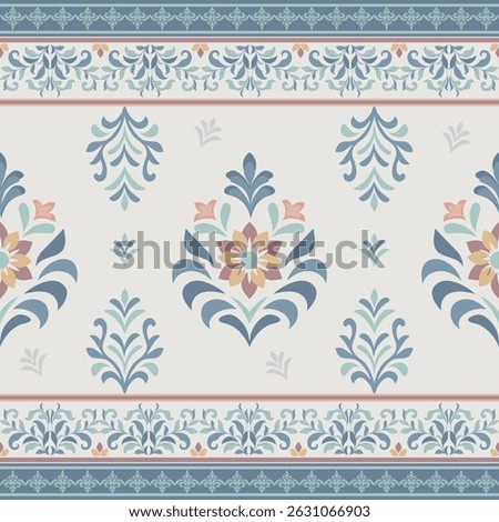 Beautiful pastel-colored vintage damask pattern with floral elements on a white background, featuring elegant horizontal decorative borders. Ideal for wallpaper, fabric, packaging, and stationery.
