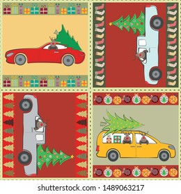 Beautiful patchwork Christmas design with reindeer, trucks, cars and Christmas trees in red, green, gold. Seamless vector pattern. Great for giftwrap, stationery, packaging, invitations, graphic use