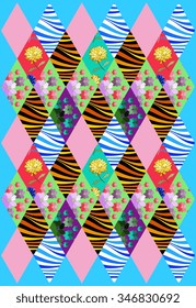 Beautiful patchwork cover from colorful rhombus patches. Vector illustration of quilt.