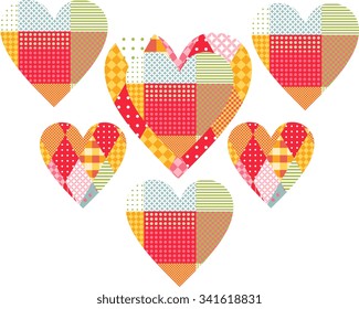Beautiful patchwork hearts. Cute vector illustration for Valentines day. 
