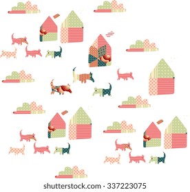 Beautiful patchwork pattern with cartoon houses, dogs and clouds. Colorful elements on white background. Childish vector illustration. 