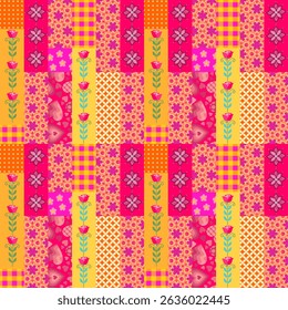 Beautiful patchwork pattern of colorful vertical stripes with flowers, leaves, abstract ornaments. Fabric print in folk style in yellow, orange, red and pink tones.