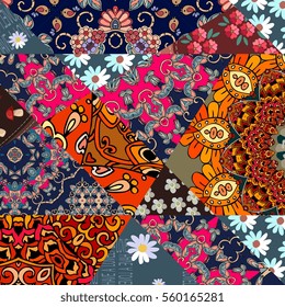  Beautiful patchwork pattern with flower - mandala and abstract tracery. Vector illustration. Greeting card in boho style. 
