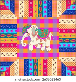 Padrão de colcha de retalhos bonito com um elefante indiano e listras multicoloridas com flores, folhas e ornamento abstrato. Impressão folclórica para um travesseiro, tapete, guardanapo, saco, lenço.
