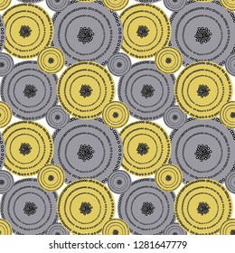 Beautiful patchwork vector seamless pattern. Hand drawn yellow and gray circles like abstract flowers. Background for desing, textile, wallpaper, wrapping, cover, web site, card, banner, ceramic tile.