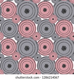 Beautiful patchwork vector seamless pattern. Hand drawn gray and pink circles like abstract flowers. Background for desing, textile, wallpaper, wrapping, cover, web site, card, banner, ceramic tile.