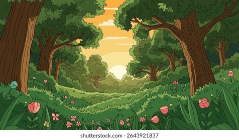 A Beautiful Path Through a Lush Green Forest Flat Minimalist Vector Landscape
