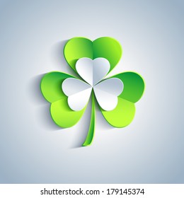 Beautiful Patrick's day card gray with cut paper 3d leaf clover. Trendy Patrick's day background with gray and green leaf clover. Modern floral background. Vector illustration 