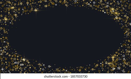 Beautiful pattern 3d golden stars fly. Gold sparkling background with star dust isolated on black background. Frame of little shining stars. Luxury shiny random stellar falling. Vector