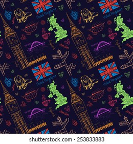 Beautiful pattern about the UK  Hand  drawn characters UK: Lion  Big Ben  map  tea  tea party   viaduct  tyne bridge  For packaging design  fabric  postcards  section about the UK 