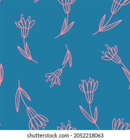 Beautiful pattern of abstract pink flowers on a blue background. Floral vector background for textile, print, wrapping paper.