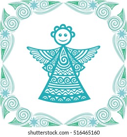 Beautiful pattern angel and winter frame. For merry Christmas card. Vector illustration.