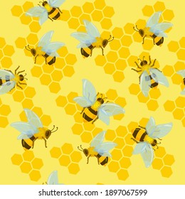 beautiful pattern of bees and honeycombs drawn in cartoon style. bees fly or sit. seamless pattern of white flowers. Vector illustration isolated on white background.