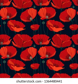 beautiful pattern with big red poppy flowers, seamless vector pattern on dark background