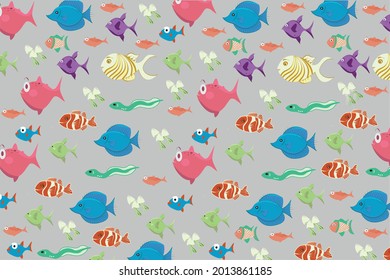 beautiful pattern of big and small colorful fish, on gray background