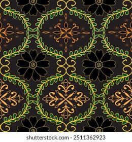 Hermoso patrón de flores negras combinadas con hojas y motivos florales naranjas sobre fondo marrón oscuro