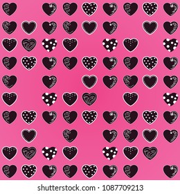 Beautiful pattern: black hearts on a bright pink background. For textiles, fabrics. Romantic cute print, texture. Vector.